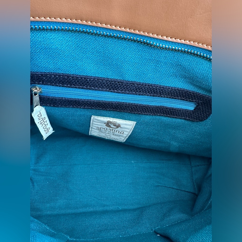 New Spartina 449 Mareena Avery Navy/Tan Leather/ Natural Linen Tote Purse - Picture 9 of 13
